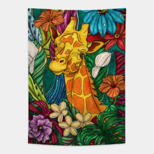 Cute giraffe in jungle painting, colorful tropical Tapestry