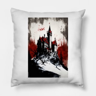 Ink Painting of A Castle On A Hill Pillow