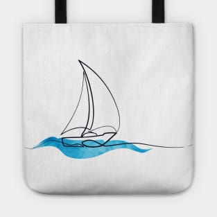 Hydro Flask sticker - ocean blue watercolor wave and sailboat | Line art Tote