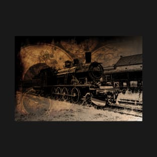 World Steam Travel - Steam Train and World Map T-Shirt