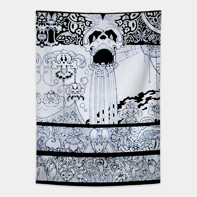 BLACK WHITE SKULL,BUTTERFLIES OWLS,FANTASTIC CREATURES Psychedelic Fantasy Tapestry by BulganLumini