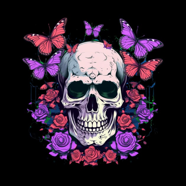 Psychedelic Neon Skull with Roses and Butterflies by TOKEBI