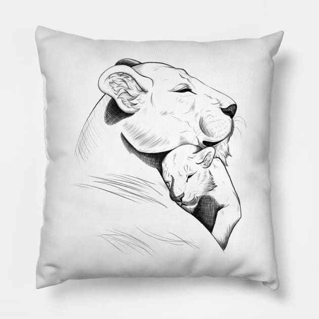 Lion Mother and Cub Sketch Pillow by Lady Lilac