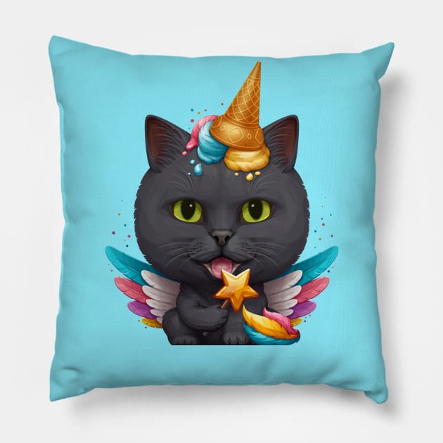 Black Cat Ice Cream Unicorn Pillow by stonemask