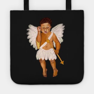 Cupid often wondered whether.... baby angel holding an arrow - In a contemplative pose with curly Afro Hair and gold arrow Tote