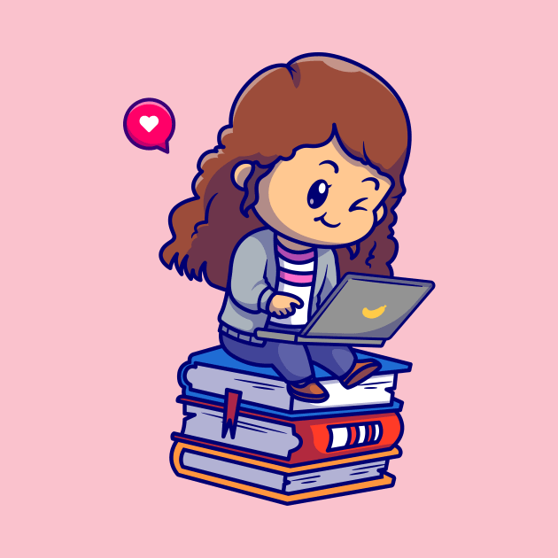 Cute Girl Playing Laptop On Book Cartoon by Catalyst Labs