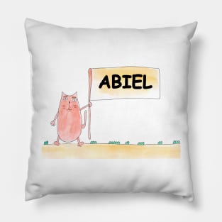 ABIEL name. Personalized gift for birthday your friend. Cat character holding a banner Pillow