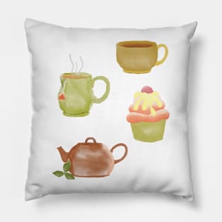 tea cup set watercolor Pillow