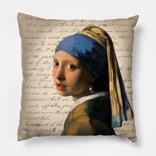 Pearl Earring Painting on Antique Letter Collage Famous Painting Series Pillow