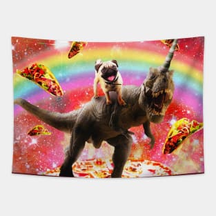 Pug Riding Unicorn Dinosaur on Pizza Tapestry