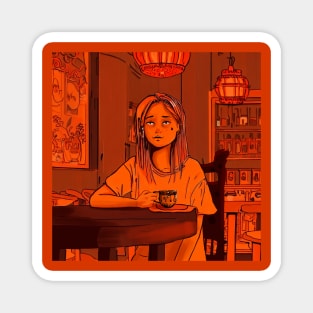 Melancholic girl drinking tea in traditional Chinese home Magnet