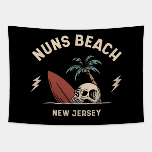 Vintage Surfing Nuns Beach New Jersey // Retro Surf Skull Tapestry