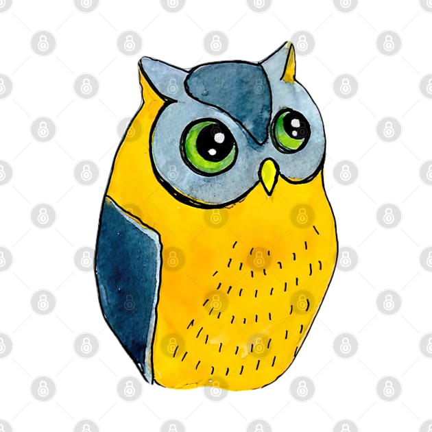 Yellow Blue Owl Watercolor by WatercolArt