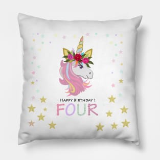 Four birthday greeting. Fourth. Magical Unicorn Birthday invitation. Party invitation greeting card Pillow