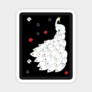 White Peacock with Flowers in a Black Background Magnet