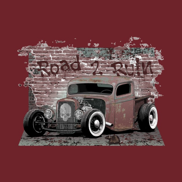 Rusty Rat Rod Pickup with skull emblem and brick backdrop by ZoeysGarage