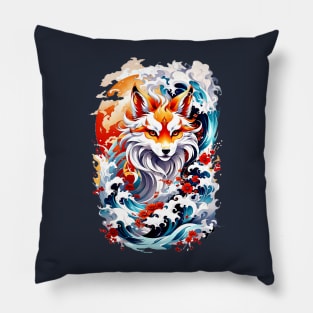 Kitsune fox, Japanese wave Pillow