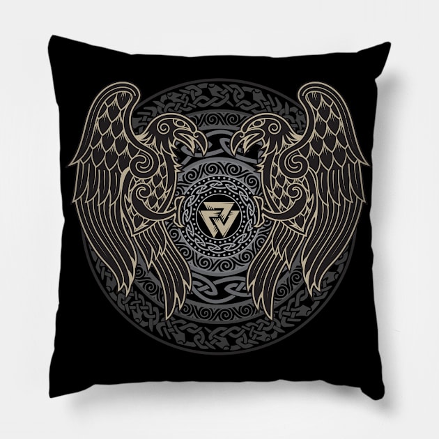 Ravens of Odin Norse Pagan Viking Raven Huginn and Muninn Valknut Pillow by Blue Pagan