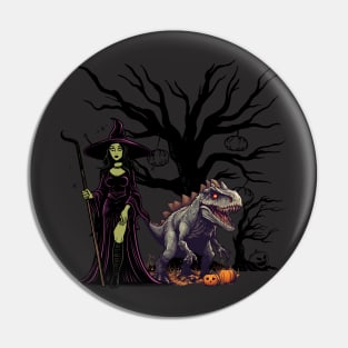 Scary dinasour with witch and pumpkin art for halloween season Pin