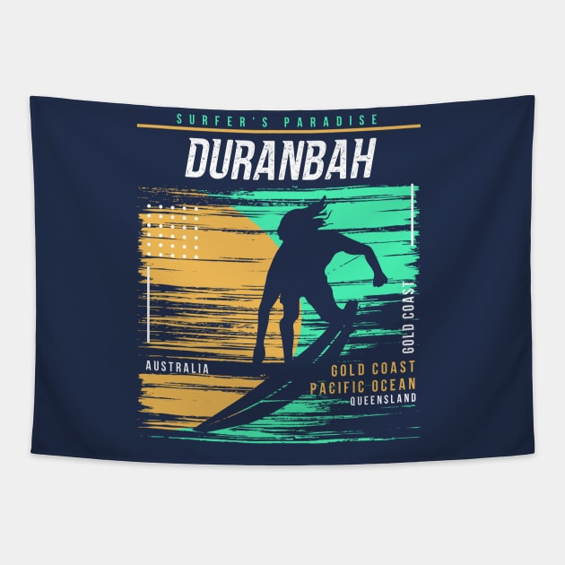 Retro Surfing Duranbah Gold Coast Australia // Vintage Surfer Beach // Surfer's Paradise Tapestry by Now Boarding