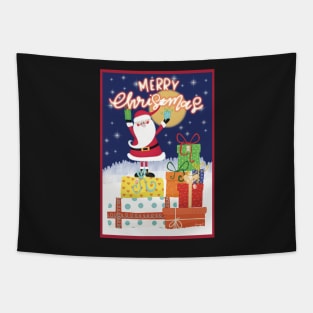 Merry Christmas! Happy Santa standing on a pile of gifts in the snow. Greeting card. Tapestry