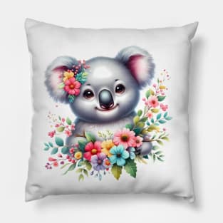 A baby koala bear decorated with beautiful colorful flowers. Pillow