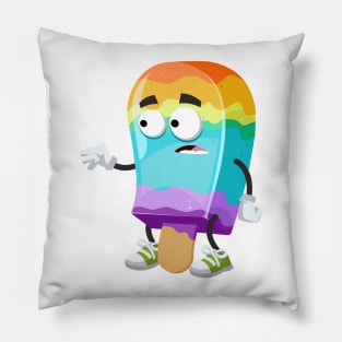 cartoon scared rainbow colors ice cream on a stick mascot in sneakers Pillow