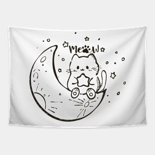 Cute Illustartion Cat With Moon Meow Cat Tapestry