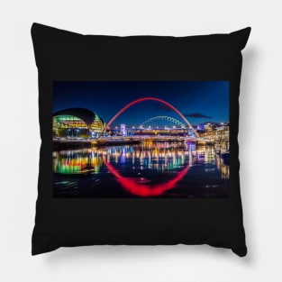 Famous newcastle Gateshead quayside bridges lit up . Pillow