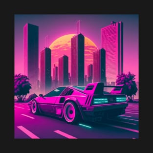vaporwave city with 80s 90s style sportscar retrowave skyscrapers T-Shirt