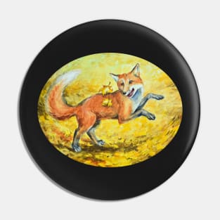 Playful Fox with Yellow Fall Leaves Pin