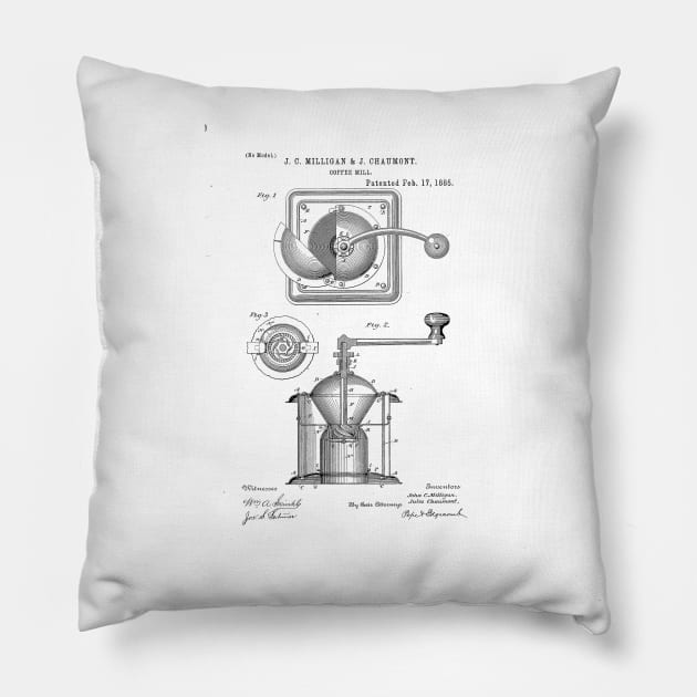 Coffee mill patent drawing Pillow by skstring