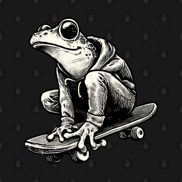 Retro Black and White Frog Skateboarder by TomFrontierArt