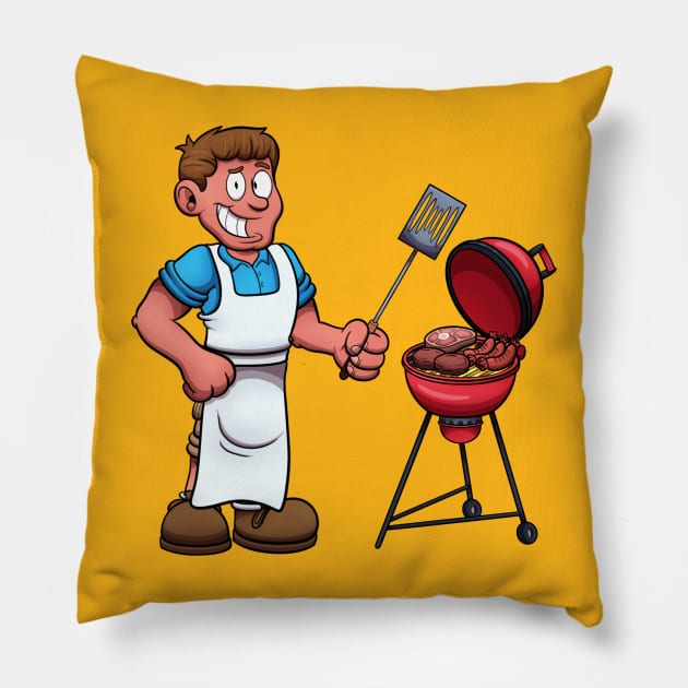 Man Preparing Meat On Barbecue Pillow by TheMaskedTooner