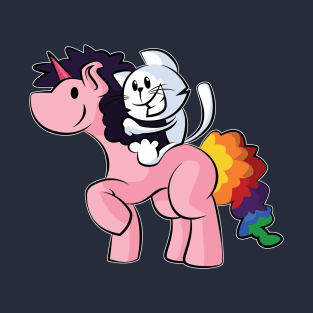 Happy cat on a unicorn riding pink unicorn with rainbow tail T-Shirt