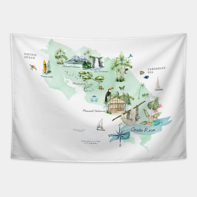 Illustrated Map of Costa Rica - Costa Rica - Tapestry  TeePublic