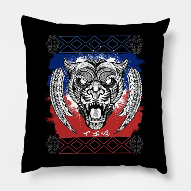 Tribal line Art Tiger / Baybayin word Lakas (Strength) Pillow by Pirma Pinas