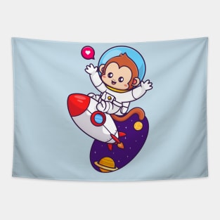 Cute Monkey Astronaut Flying With Rocket In Space Cartoon Tapestry