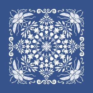 Garden Symmetry - White on Blue T-Shirt