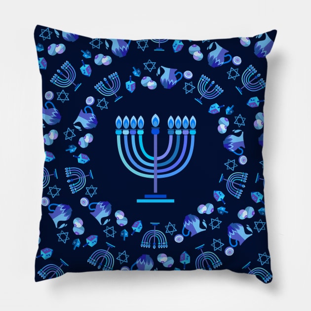 Jewish Holiday Hanukkah Party Decoration with traditional Chanukah symbols - wooden dreidels (spinning top), lettering, donuts, hanukkiah menorah candles, star of David T-Shirt Pillow by sofiartmedia