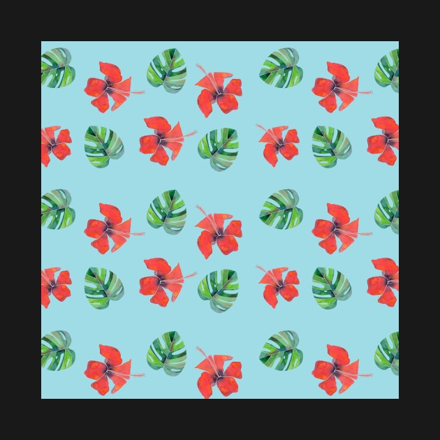 Red Hibiscus and Monstera Pattern with a blue background by Sandraartist