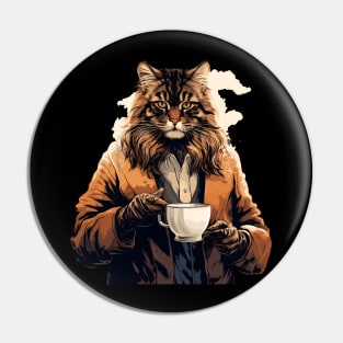 Maine Coon Cat Drinking Coffee Pin