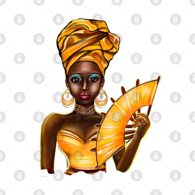 Queen Black is beautiful black girl with Gold headscarf, necklace, earrings, gold dress and head wrap, brown eyes and dark brown skin ! by Artonmytee