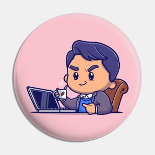 Cute Man Working On Laptop And Drink Coffee Cartoon Pin