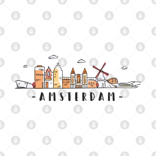 Amsterdam Skyline Netherlands Colored Hand Drawn Style by RajaGraphica