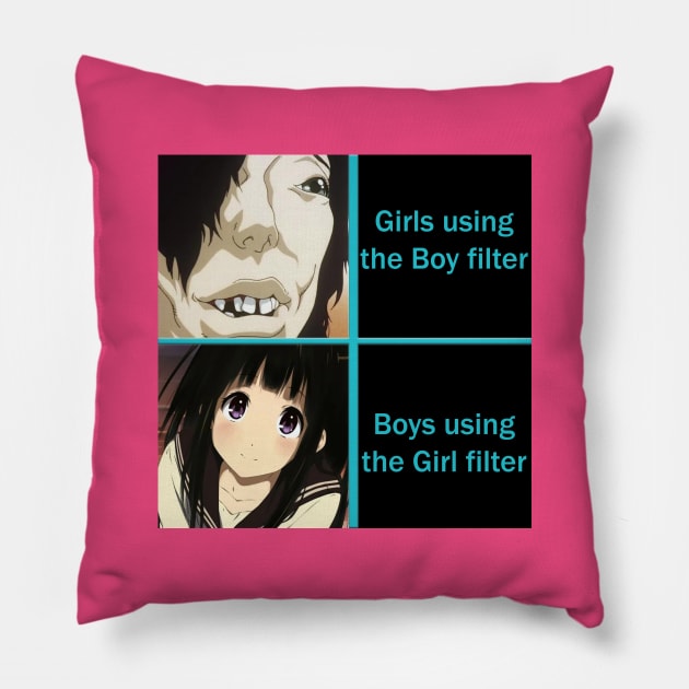 When Girls use Girl to Boy filters compared to Boys using Boy to Girl filters Pillow by The AEGIS Alliance