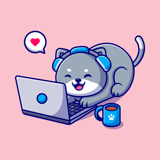 Cute Cat Working On Laptop Cartoon by Catalyst Labs