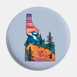 Fly Fishing Idaho State Map Mountain Sunset River Retro Pin