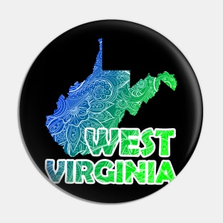 Colorful mandala art map of West Virginia with text in blue and green Pin