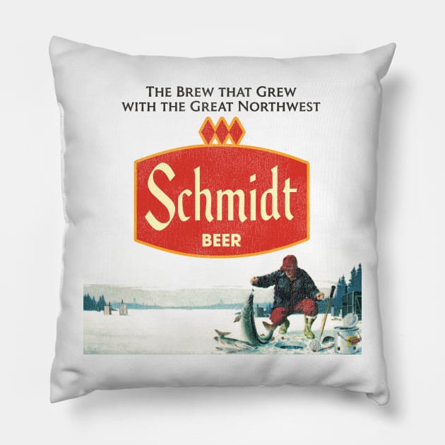 Schmidt Beer Retro Defunct Ice Fishing Nature Scene Pillow by darklordpug